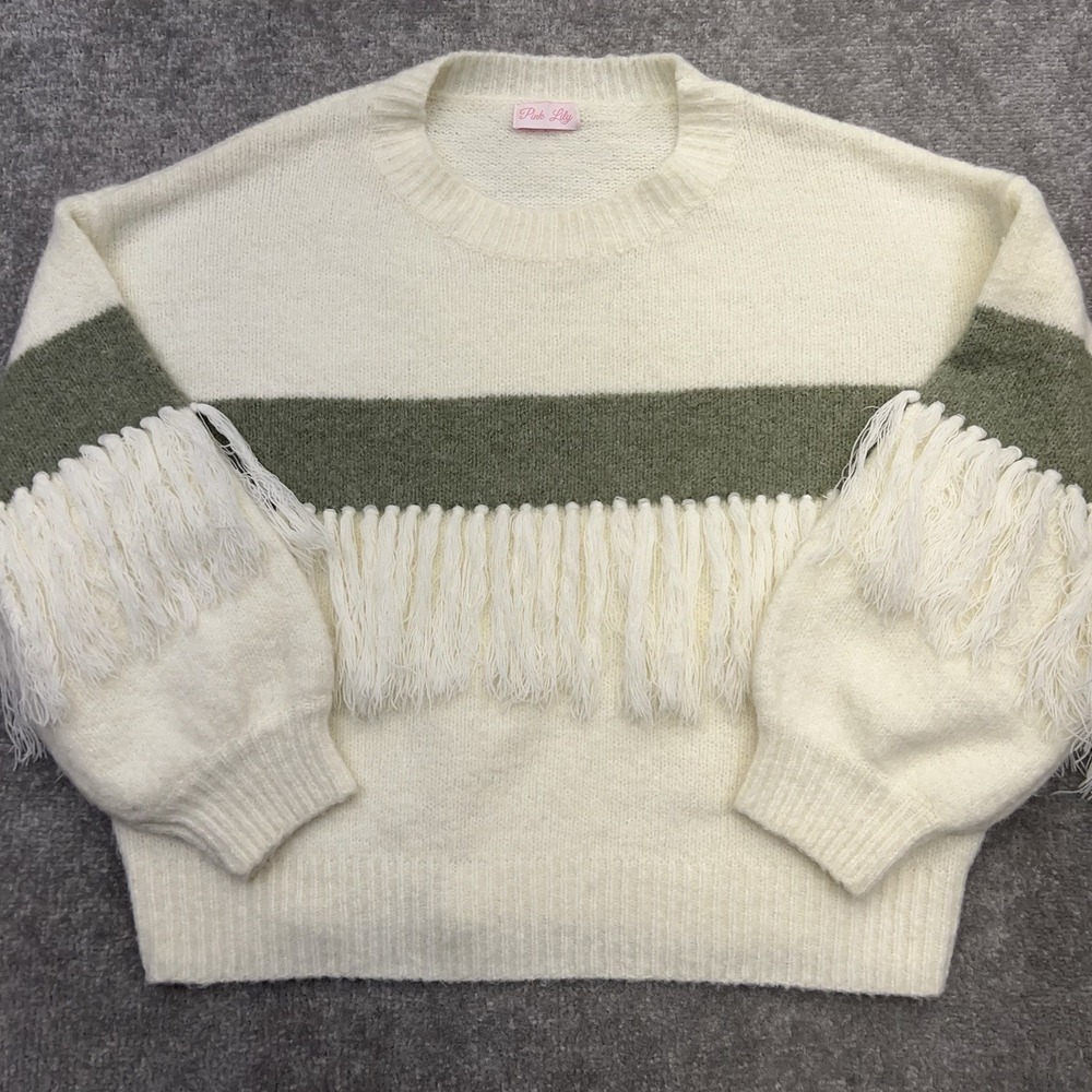 Pink Lily Fringe Tassel Sweater Womens Large Relaxed Knit Ivory Green Boho Chic
